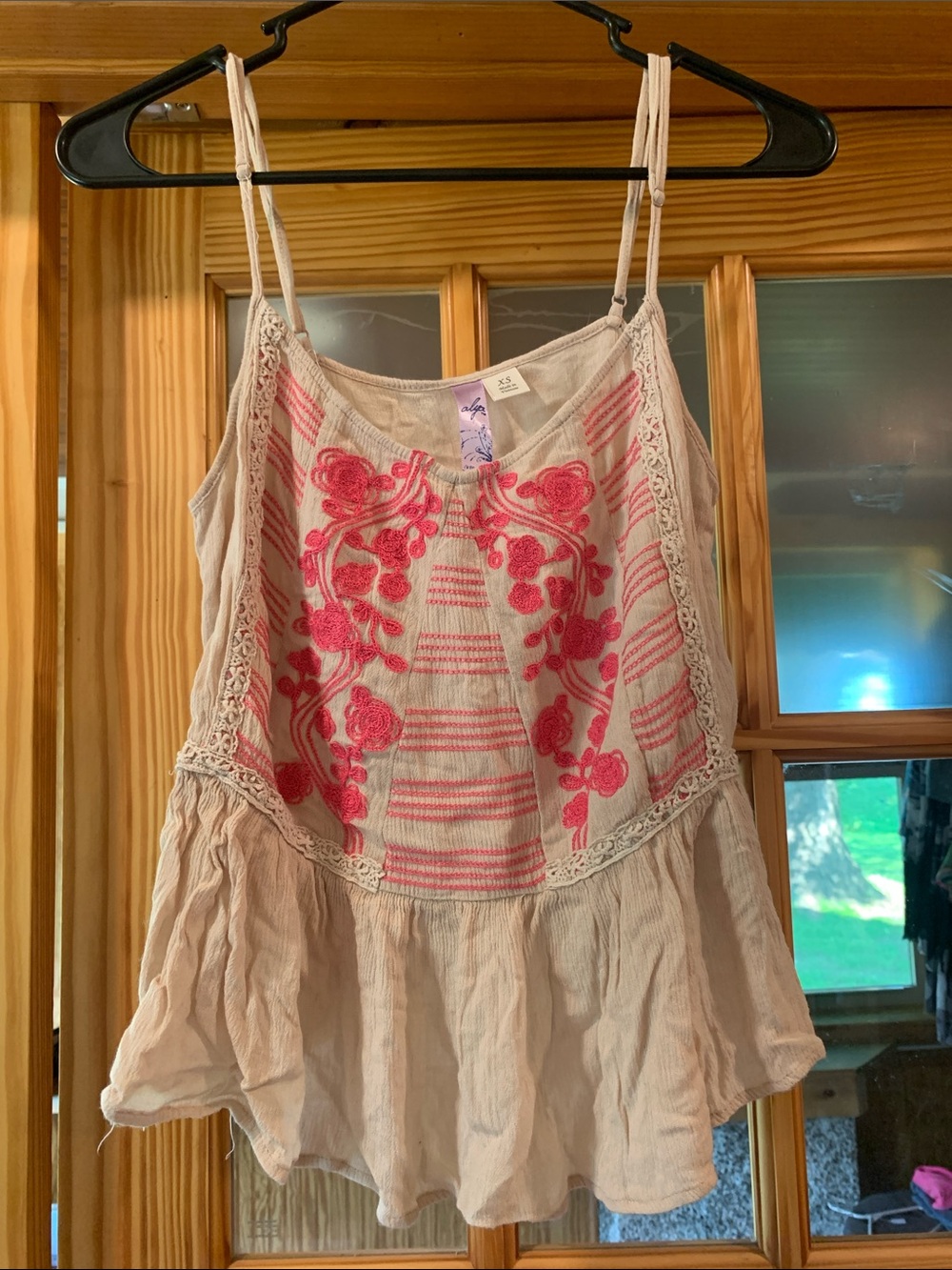 Women’s Alya Hot Pink Embroidery Cream Ruffle Hem Babydoll Flowy Tank Top XS